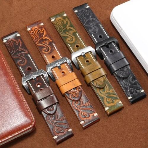 Carving Genuine Leather Strap Suitable For Panerai Tissot Mens Watch Accessories 18 20 22 24mm Black Red Yellow Orange