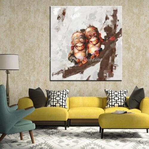 Hand Painted Modern Abstract Animal Oils Canvas Painting Cute Monkey For Kids Bedroom Decorative Canvas Artwork Wall Art Picture