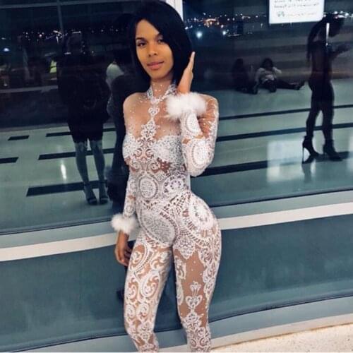 Sexy White Lace Print Rhinestones Feathers Jumpsuit Female Singer Stage Wear Celebrate Party Costume Glisten Stretch Nude Outfit