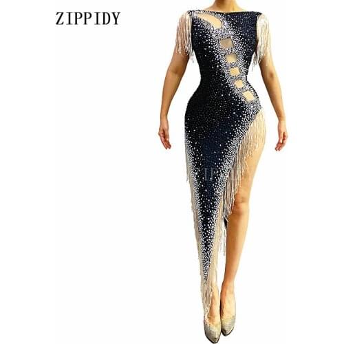 Black Latin Show Silver Crystals Fringes Rhinestones Dress Dance Women Evening Celebrate Costumes Outfit Prom Birthday Costume