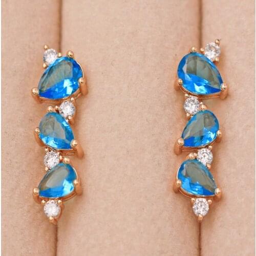 Trendy Gold Copper Plated Heart Blue Ear Clip Earrings Zirconia For Women Girls Fashion Jewelry Accessories Wedding Party Gift