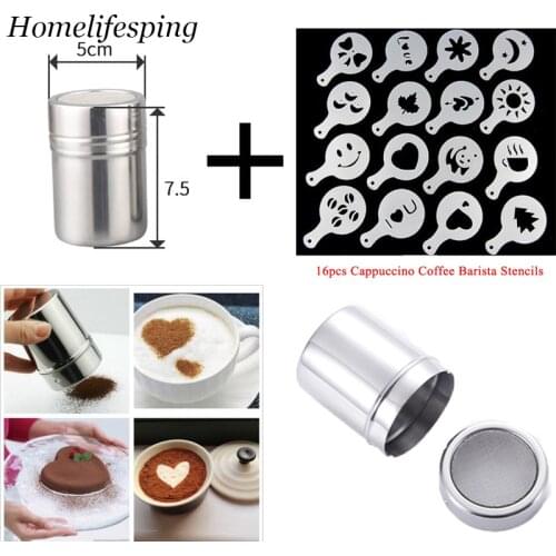 1pc Stainless Steel Chocolate Shaker Cocoa Flour Coffee Sifter+16Pcs Coffee Template Strew Flower Pad Spray Art Coffee Tools