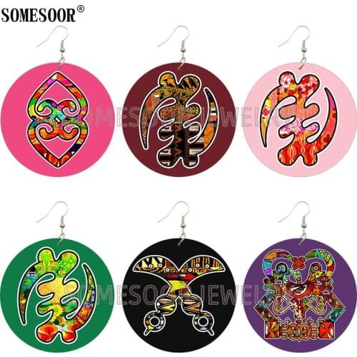 SOMESOOR Jewelry Desigher Patern African Symbol Wooden Both Sides Print Drop Dangle Earrings For Women Sprecial Gifts