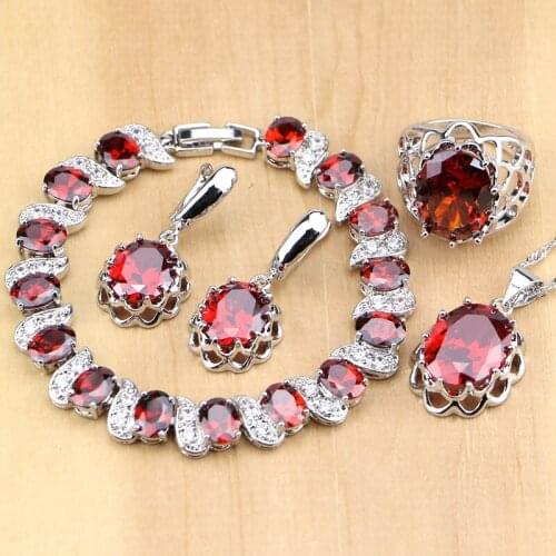 925 Sterling Silver Jewelry Red Zircon White CZ Jewelry Sets For Wedding Earrings/Pendant/Necklace/Rings/Bracelet