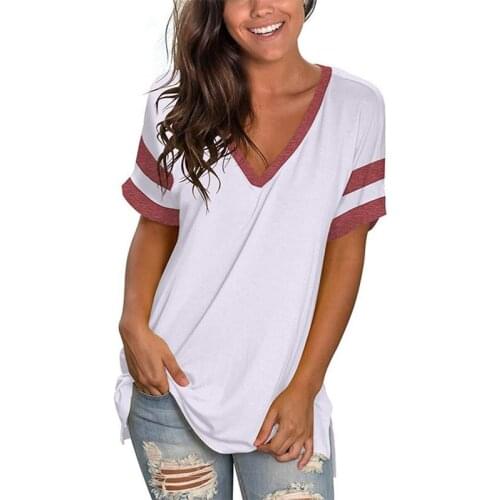 Womens Fashion Casual V-Neck Loose Stitching Short Sleeve T-Shirt Tops