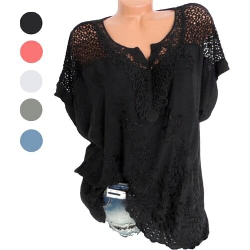 Summer Women T-Shirt Short Sleeve Lace Hollow Tops Fashion Loose Casual Ladies Shirts New Ropa Mujer