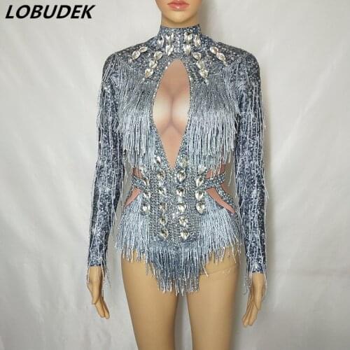 Sexy Elastic Silver Rhinestones Tassel Long Sleeve Bodysuit Women Crystals Nightclub Show Bar DJ Singer Stage Wear Dance Costume