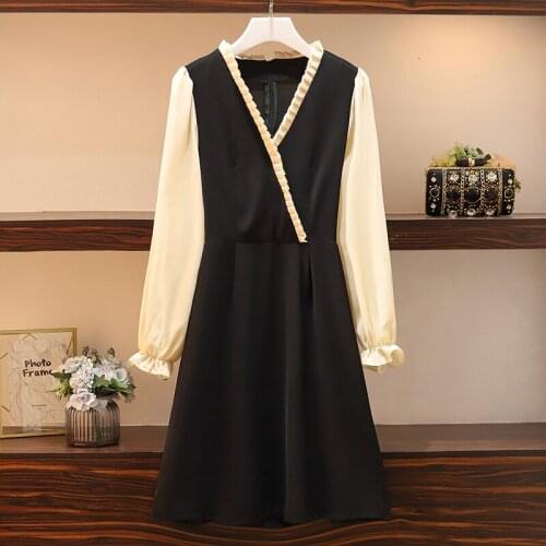 Plus Size Women Elegant Dress 2019 New Fashion Cross Pleated V-neck Lantern Long Sleeve Patchwork Ladies A-Line Dresses S-5XL