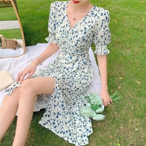 Summer Floral Dress Women French Vintage Retro Split Dress Sexy Office Lady Casual Slim Fit Designer Fairy Mini Dress