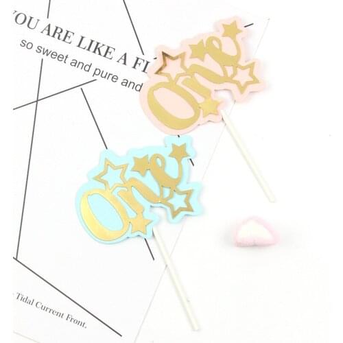 Stars "One" Baby One year old Birthday Cake Topper Pink Happy Birthday Cake Topper for Newborn Birthday Party Cake Decorations