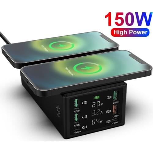 150W USB Charger Multi 15W Qi Wireless Charger for iPhone 12 Pro Max PD 65W QC3.0 Fast Charging Dock Station for Macbook Air Pro