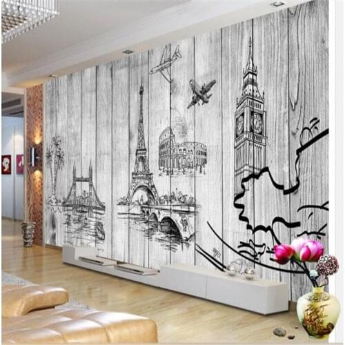 Beibehang Large Custom Wallpaper Mural Modern Simple Love Fife Tower Classic Architecture Wooden Background Wall