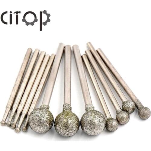 Citop 10pcs/set 2.35mm Shank 0.5-6mm Diamond Grind Needle Head Cutter Jade Carve Tools Engrave Rotary Spherical Burr Tool