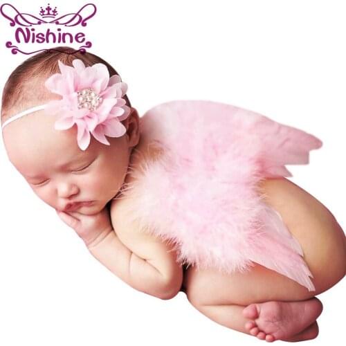 Nishine Newborn Angel Feather Wing With Pearl Chiffon Flower Headbands Kids Children Photography Props Birthday Gift Accessories