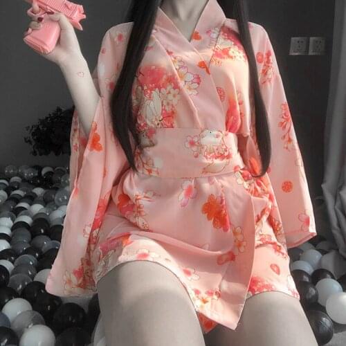 Japanese Style Yukata Bathrobe Cute Kimono Uniform Sakura Girl Women Floral Print Haori Japan Cosplay Costume Party Short Gowns