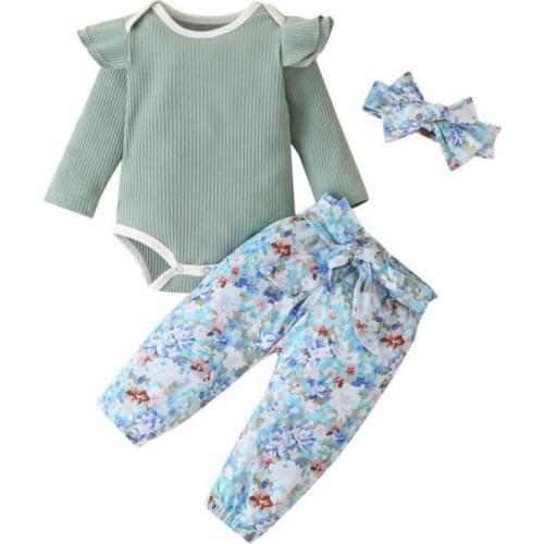 IYEAL Baby Girl Clothes Outfits Ruffle Long Sleeve Shirt Tops Bodysuit Romper Floral Pants Headband 3PCS Infant Girls Sets