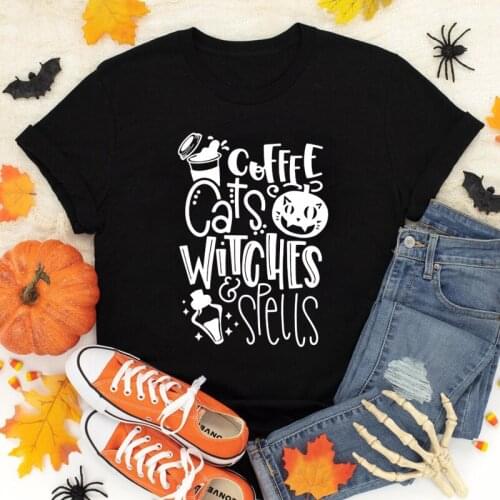 Coffee Cats Witches & Spells T-shirt Funny Autumn Halloween Witchy Vibes Tshirt Cute Women Graphic Holiday Party Gift Tee Top