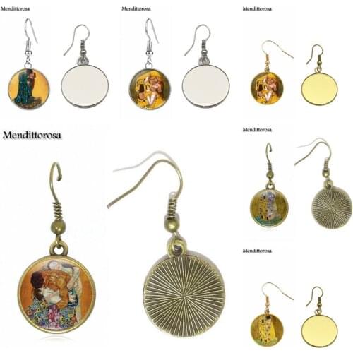 Mendittorosa Jewelry Glass Cabochon Bronze/Silver/Golden Clip Ear Hook Drop Earrings For Women Gift Gustav Klimt The Kiss