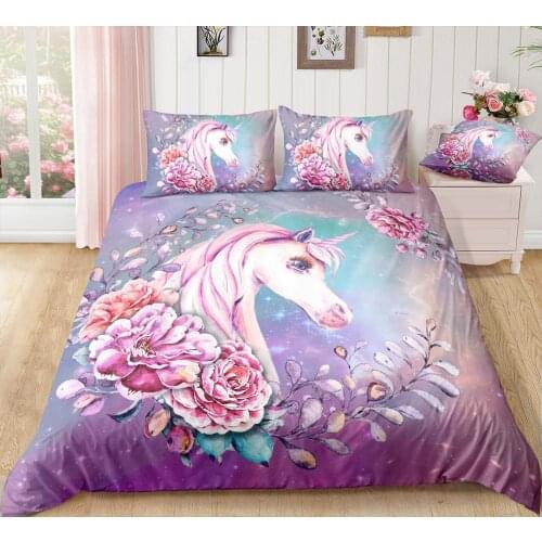 KTLRR Unicorn Duvet Cover Sets,3 Piece Flowers Girl Bedding Set Cartoon Unicorn Purple Bedspreads Cute Duvet Covers for kids