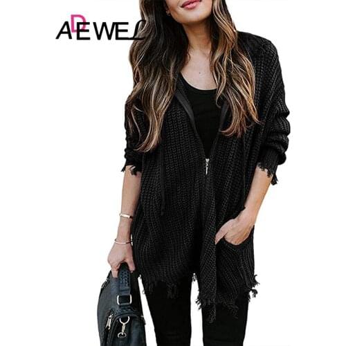 ADEWEL Black 2020 Autumn And Winter Sweater Women Foreign Trade Ripped Knit Sweater Casual Zipper Drawstring Hooded Cardigan XL