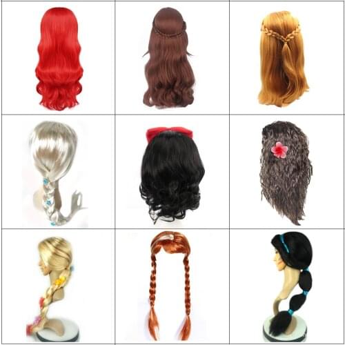 Girls Elsa Princess Dress Up Wig Children Jasmine Cosplay Moana Costume Accessories Rapunzel Braid Halloween Party