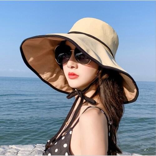 Super Large Brim Anti-UV Beach Hat Summer Women Cotton Sun Hats Foldable Bucket Hat 2021 New Fashion Female Visor Bonnet