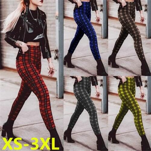 Popular Plaid High Waist Leggings Womens Casual Pants Cross Border Elastic Pencil Pants FitnessTrouser High Waist Pants 2020