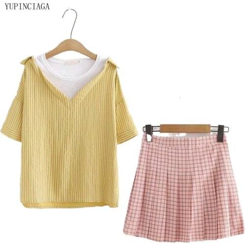 Sweet Casual Stripe Fake Two Short-sleeve Shirt + Plaid High Waist Short Skirt Harajuku 2 Piece Set Women Summer Sets For Girl