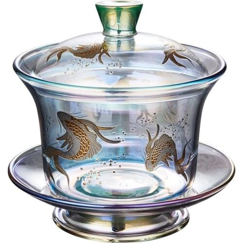 Hand Painted Fish Gaiwan Travel Big Tea Cup Bowl Tureen Glass Sancai Gaiwan