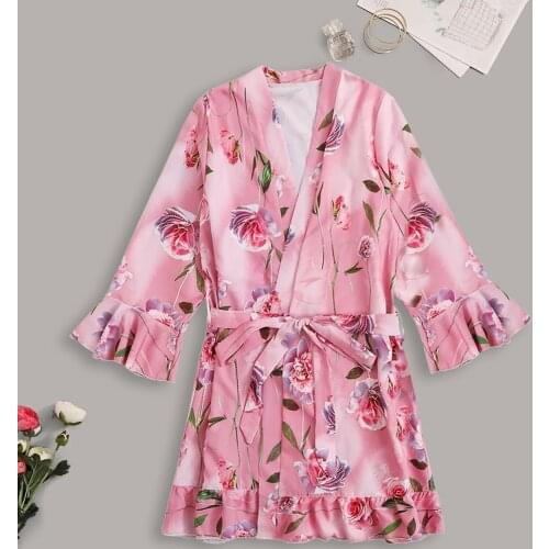 S-4XL Feminine Ruffle hem Satin Silk Pajamas Women Nightdress Lingerie Robes Underwear Sleepwear Sexy szlafrok panna mloda T5