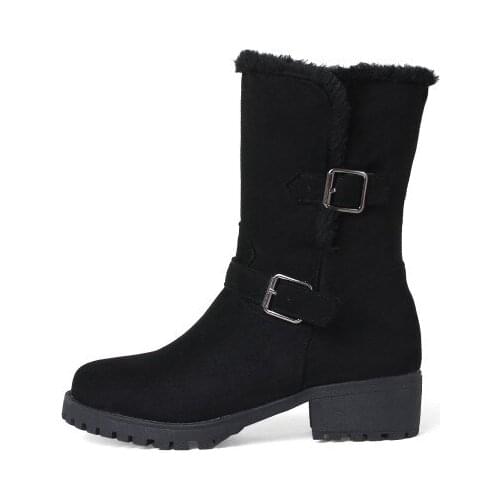 Big Size 11 12 13 Suede round-headed square heel sleeve metal decorative belt buckle mid-barrel artificial Plush Snow Boots