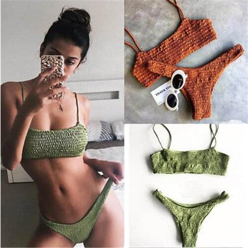 Sexy Bikinis 2021 Woman Swimwear Fold Push-Up Knitting Bra Bandage Bikini Set Female e Swimwear Beach Bathing Suits