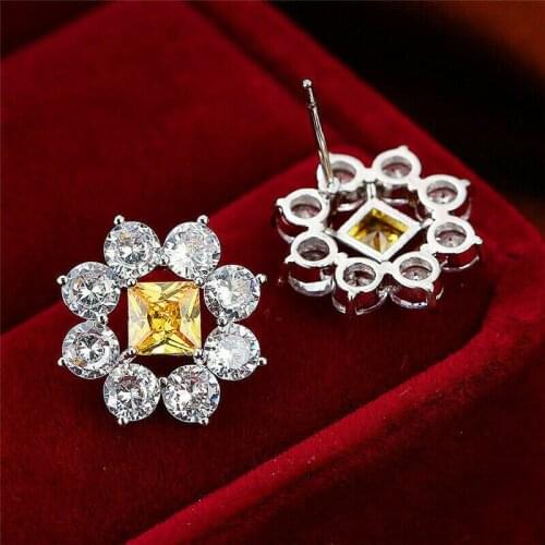 Huitan Bright Yellow Flower Earrings Luxury Inlaid Shiny Cubic Zirconia Fashion Stud Earrings for Party Jewelry Exquisite Gift