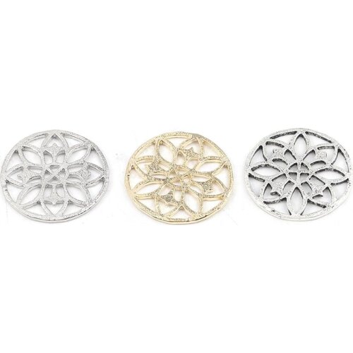 DoreenBeads Fashion Zinc Based Alloy Connectors Round Silver Color Flower Hollow Jewelry DIY Findings Charms 30mm Dia., 10 PCs