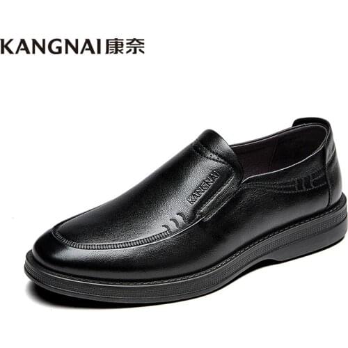 KANGNAI Men Shoes Genuine Leather Business Casual Shoes Classic Black Slip on Lightweight Office Shoes for Man Oxfords 2020