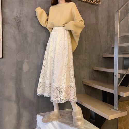 Ginzagirl Autumn Winter Women Newst Ins Loose High Waist Sweet Lace Long Bridesmaids Skirt Spring Summer Students A-Line Skirts