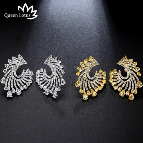 Queen Lotus 2018 Fashion Cubic Zircon Earrings Hollow Big Stud Earrings for Women Korean Luxury Statement Earrings Jewelry Gift