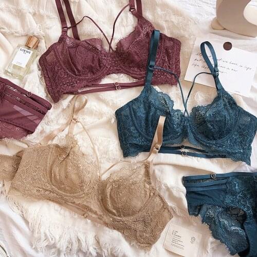 New embroidery bras underwear women set plus size lingerie sexy A B C D cup Ultrathin transparent bra panties lace bra set black