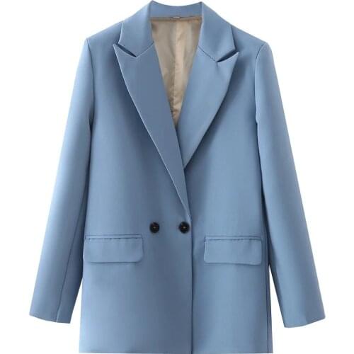 Office Lady Double Breasted Blazer Vintage Coat Fashion Notched Collar Long Sleeve Ladies Chic Outerwear Stylish Tops 8131138