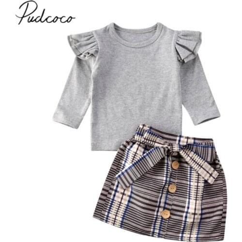 2020 Baby Spring Autumn Clothing 2PCS Kids Baby Girl Clothes Fly Long Sleeve T-shirt+ Sash Plaids Skirt Dress Outfits 6M-5T
