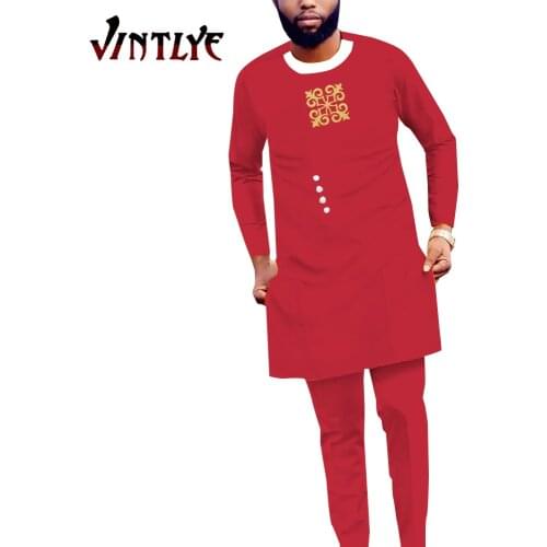 Bazin Riche African Clothes for Men Dashiki Suits 2 Piece Sets Long Shirt and Pants Abaya Agbada Robes Mens Outfits WYN1694