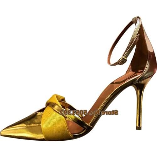 High Heel Stiletto Pointed-Toe Sandals Bowtie Patent Leather Ankle Wrap Butterfly-Knot Pumps Woman Elegant Shallow Shoes Golden