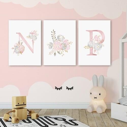 Baby Posters Personalized Girls Name Custom Poster Nursery Prints Pink Flower Wall Art Canvas Painting Pictures Baby Room Decor