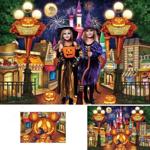 Halloween Time Backdrop Fantasy Castle Full Moon Fireworks Pumpkin Lanterns Decorations Child Carnival Party Portrait Background