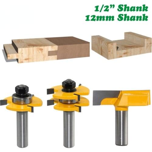 3pcs 12MM 1/2inch Shank Tongue & Groove Joint Assemble Router Bits 3/4" stock T-Slot Tenon Cutter Milling for Wood Woodworking