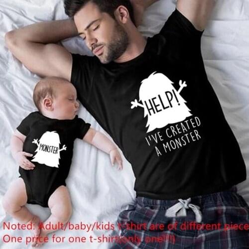 New Father Son Boys Kids T Shirts Monster Print Family Matching Outfits Letter Family Look Matching Clothes Short Sleeve Tops