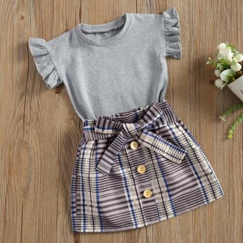 Kids Baby Girls 2-piece Outfit Set Summer 2021 Short Sleeve Solid Color Tops+Bowknot Plaid Skirt Set for Children Girls