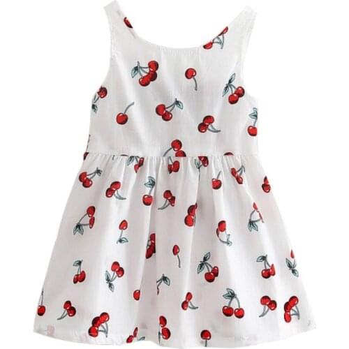 Summer Baby Girls Dress Cotton Cherry Printed Soft Cotton Vest Neck Princess Dresses For Girls
