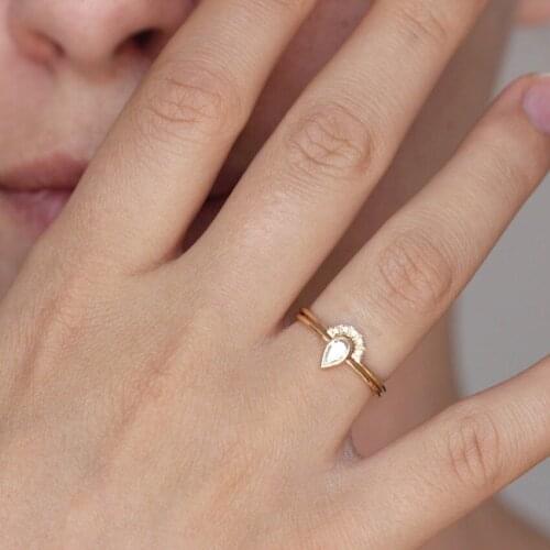 Fashion Simple Geometric Zircon Joint Combination Ring for W Korean Style Gold Color Ring New Jewelry Gift