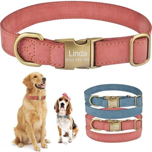 Adjustable Leather Personalised Dog Collar Large Durable Engraved Name Tag Dog ID Collar S M L Dog Collars Layer Padded Boy Girl
